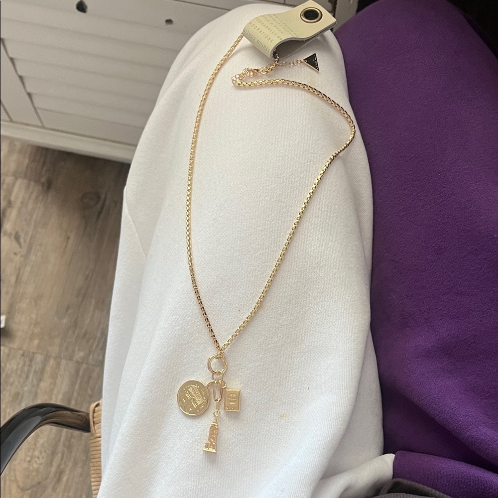 Gold Charm Pendant Necklace with Three Dangles - Women's Fashion Jewelry